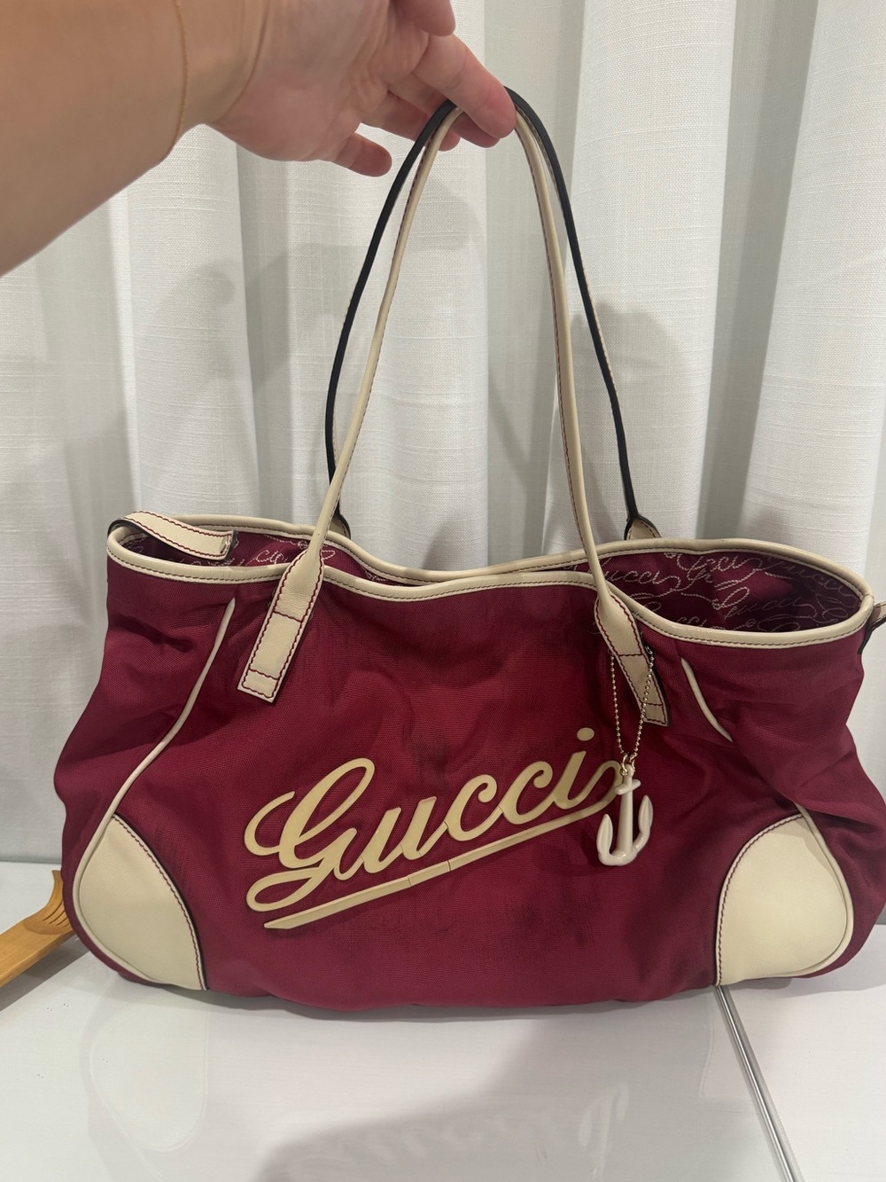 Gucci Burgundy Canvas Tote with Cream Trim
